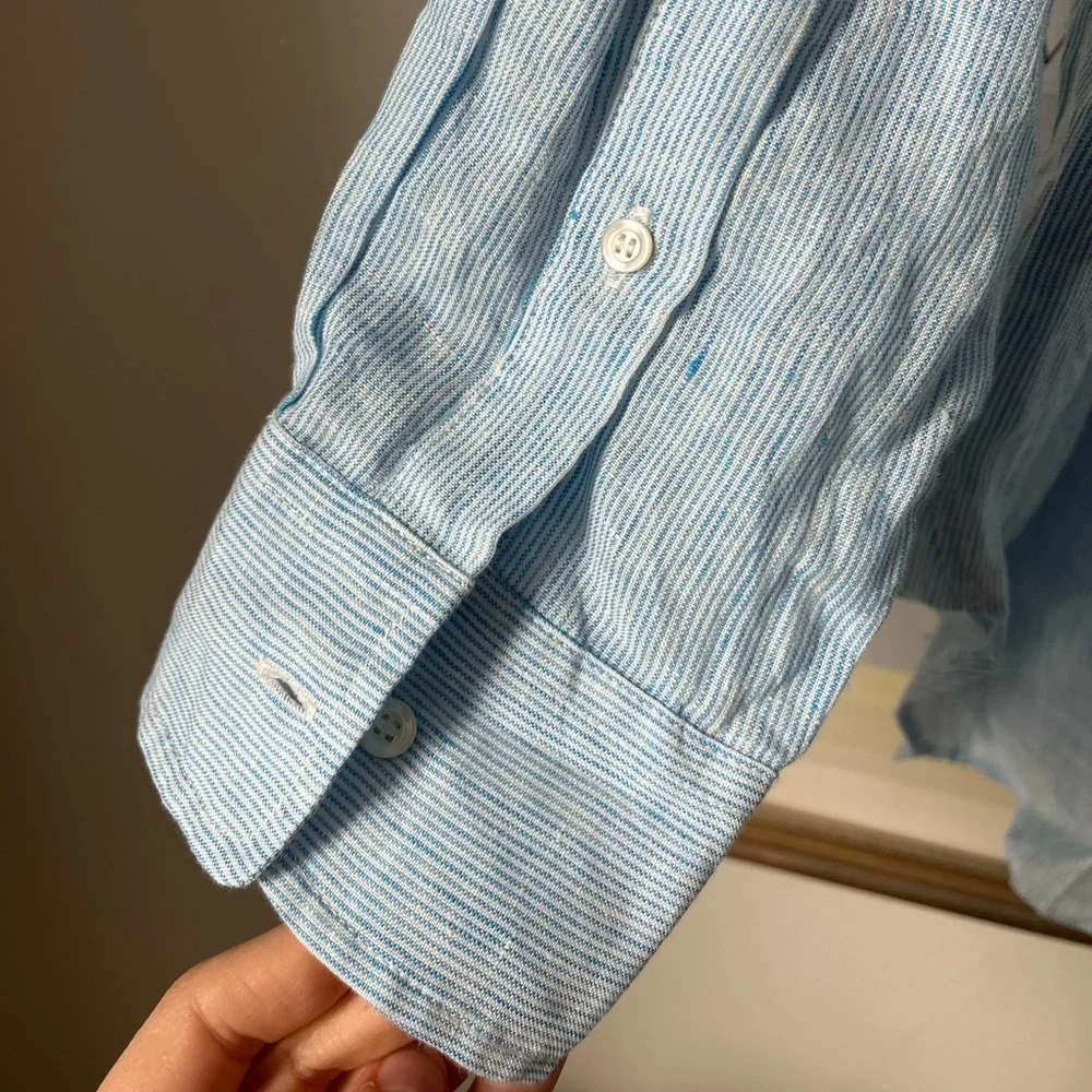 J. McLaughlin 100% Linen Quarter Button Up Blouse Top Blue Large - Picture 5 of 11